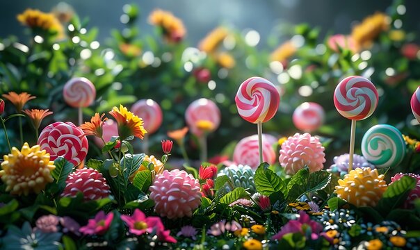 Immerse in a whimsical candy garden, vibrant candies amidst lush greenery and  blooming flowers evoke wonder and joy in a magical world