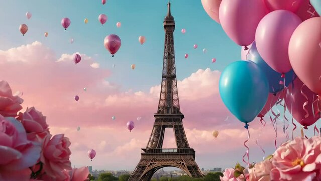 Balloons and flowers Eiffel Tower Paris fantasy