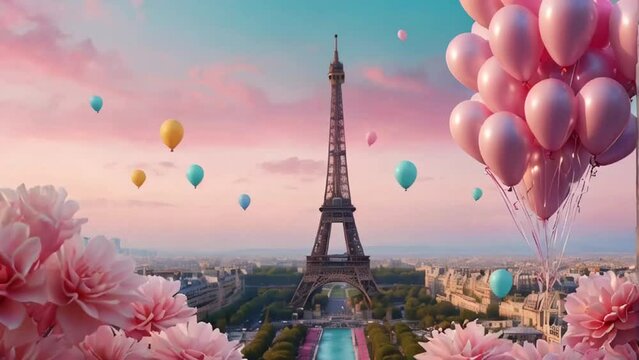 Balloons and flowers Eiffel Tower Paris fantasy