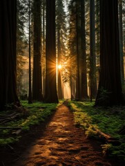 Sun shining through tall trees along a forest path