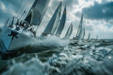 Sailboats Racing on Open Water at Sunset, Dynamic Side View - obrazy, fototapety, plakaty