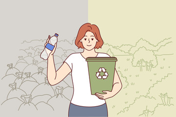Woman ecologist calls for separate collection garbage and recycling of plastic bottles, holds bucket in hand. Girl ecologist dreams of closing garbage dump and restoring parks with beautiful nature. - obrazy, fototapety, plakaty