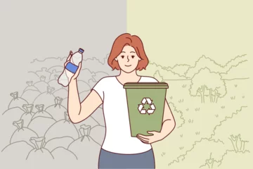  Woman ecologist calls for separate collection garbage and recycling of plastic bottles, holds bucket in hand. Girl ecologist dreams of closing garbage dump and restoring parks with beautiful nature. © drawlab19
