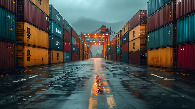 A moody, overcast scene of stacked shipping containers at a cargo terminal, with reflections on wet ground