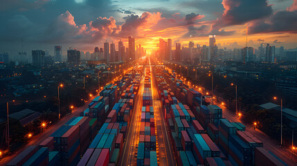 An aerial view captures the bustling container port with rows of colorful containers, while the city skyline gleams under a dramatic sunset