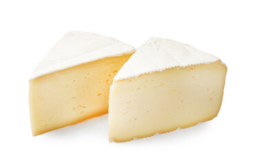 Pieces of tasty camembert cheese isolated on white