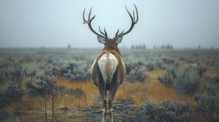  A large antelope stands in a field, surrounded by grass and bushes on both sides