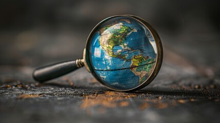 Earth Globe: A photo of a Earth globe with a magnifying glass focused on a specific area