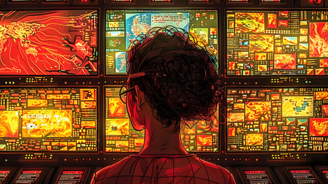 Rear view of a person observing a vast wall of monitors displaying dynamic, intricate data visualizations and maps