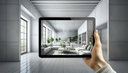 Modern Minimalist Living Room Interior on Tablet Home Design Virtual Preview, Real Estate, Mockup