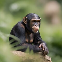 A chimpanzee is sitting in the zoo
