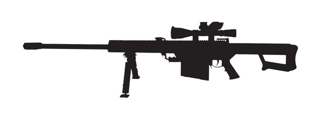 Modern army military police sniper rifle with telescopic sight and bipod silhouette vector icon illustration.