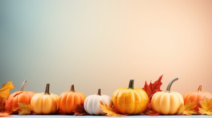 Autumn Pumpkins and Colorful Leaves on Gradient Background