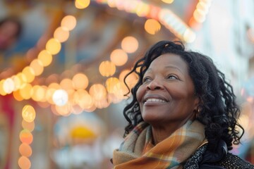 Joyful woman with twinkling lights background.