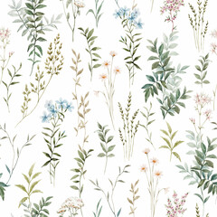 Beautiful floral seamless pattern with hand drawn watercolor wild herbs and flowers. Stock illustration. - 785556003