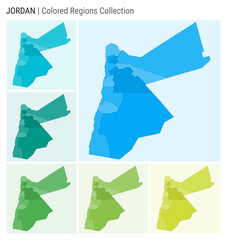 Jordan map collection. Country shape with colored regions. Light Blue, Cyan, Teal, Green, Light Green, Lime color palettes. Border of Jordan with provinces for your infographic. Vector illustration.