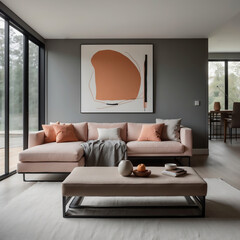 Elegantes Wohnzimmer mit modernen Möbeln und minimalistischem Kunstwerk in hellem Ambiente