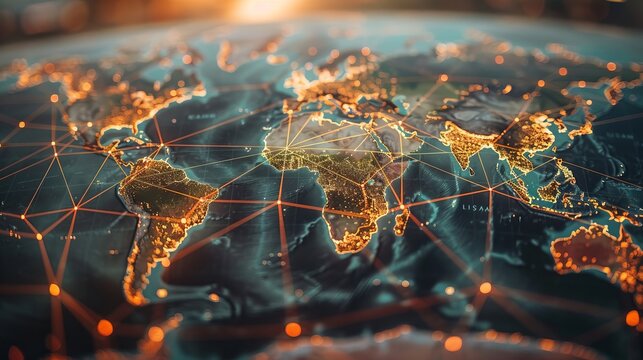 Global Business: A photo of a world map with interconnected lines and dots