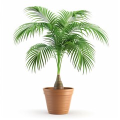 Obraz premium A lush green palm tree in a terracotta pot, isolated on a white background, ideal for indoor decor.