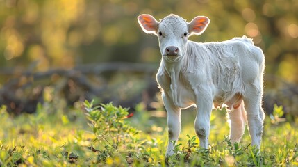 Naklejka premium A tight shot of a baby cow in a lush grass field, surrounded by hazy trees and bushes