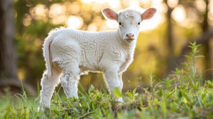 Naklejka na ściany i meble A baby lamb stands in a verdant field, surrounded by tall trees and bathed in sunlight filtering through their branches