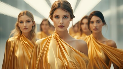 Elegant Models in Golden Dresses at Fashion Event