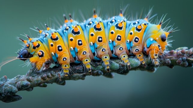 Insects and Bugs: A macro close-up photo of a caterpillar crawling on a branch