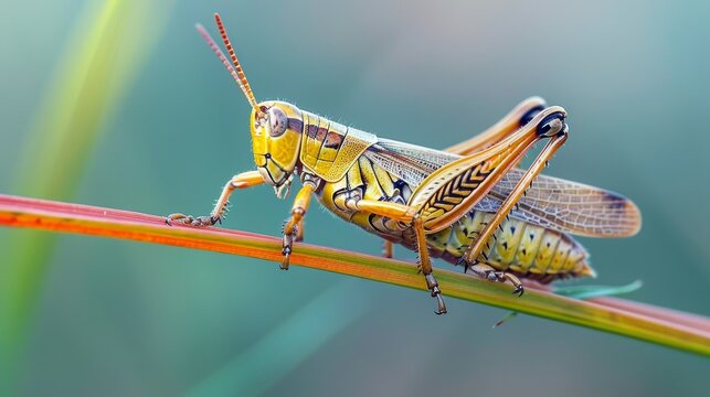 Insects and Bugs: A macro close-up photo of a grasshopper perched on a blade of grass