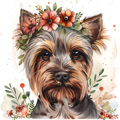 Watercolor Yorkshire Terrier Printable Clipart, Flowers Florals Animal Dog Art, Digital Paper Craft V4