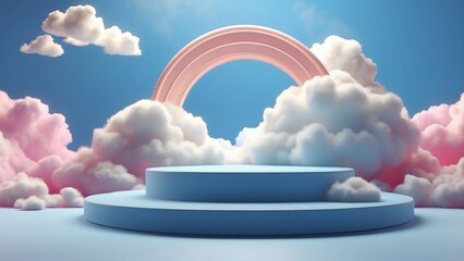 3D blue podium with white and pink clouds, blue background