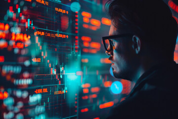 Investing in the stock market, funds, digital assets, planning and strategy. Businessman analyzing financial data chart trading forex on virtual screen.