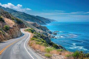Fototapeta na wymiar Scenic Coastal Road Winding Along a Cliffside With the Ocean in the Background, Clear Blue Skies and Summer Vibes