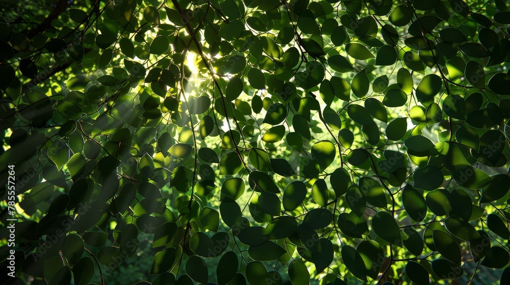 Poster leaf patterns: a photo of sunlight filtering through a canopy of leaves