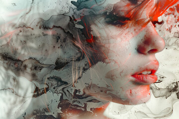 Abstract digital collage mixing women's faces and painting