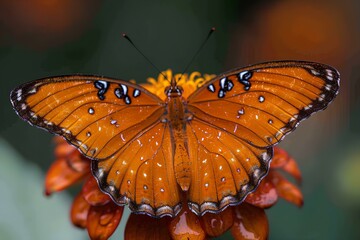 A butterfly with a lot of water droplets on its wings sitting on a flower with a blurry background