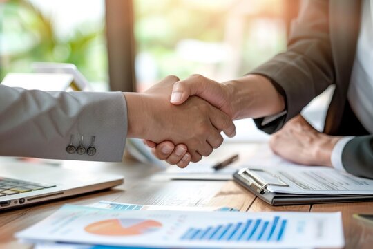 Two business people shaking hands over an office desk, closeup of handshakes and professional attire The concept symbolizes trust Generative AI