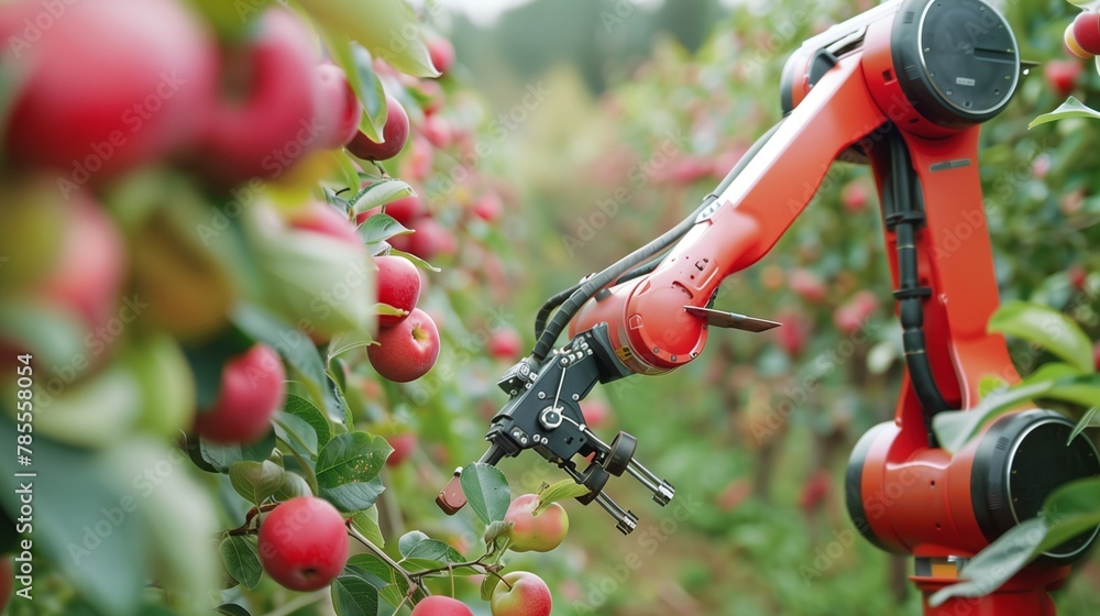 Poster an advanced robotic arm equipped with sensors and ai technology selectively picking ripe fruit from 