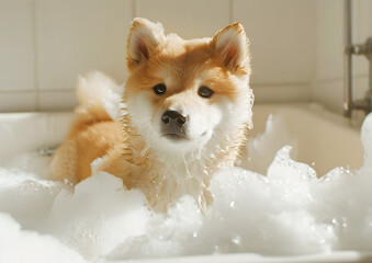 Cute puppy of Akita dog in bath with foam close-up, cute pet concept, realistic illustration, generative ai - 785558001