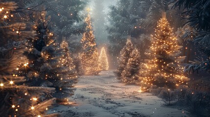 Snowy Path With Christmas Trees and Lights