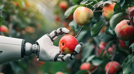 An advanced robotic arm equipped with sensors and AI technology selectively picking ripe fruit from a tree in an orchard, showcasing precision and efficiency in modern smart agriculture practices.