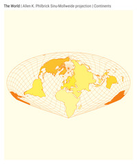 World Map. Allen K. Philbrick Sinu-Mollweide projection. Continents style. High Detail World map for infographics, education, reports, presentations. Vector illustration.