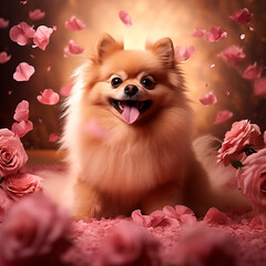Funny Pomeranian dog in petals of Rose flowers close-up, cute pet concept, realistic illustration, generative ai - 785558029