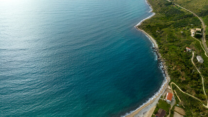 Aerial view of the Calabrian coast near Nicotera, southern Italy. There is no one on the beach.