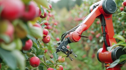 An advanced robotic arm equipped with sensors and AI technology selectively picking ripe fruit from a tree in an orchard, showcasing precision and efficiency in modern smart agriculture practices.