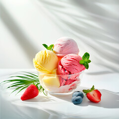 Fruit Ice Cream in glass plate close-up, summer food concept, realistic illustration, generative ai - 785558055