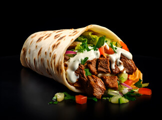 Hot Shawarma in lavash in dark close-up, fast food and snacks concept, realistic illustration, generative ai - 785558060