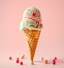Fruit Ice Cream in waffle cone on rose background, summer food concept, realistic illustration, generative ai - 785558071