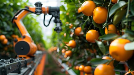 An advanced robotic arm equipped with sensors and AI technology selectively picking ripe fruit from a tree in an orchard, showcasing precision and efficiency in modern smart agriculture practices.