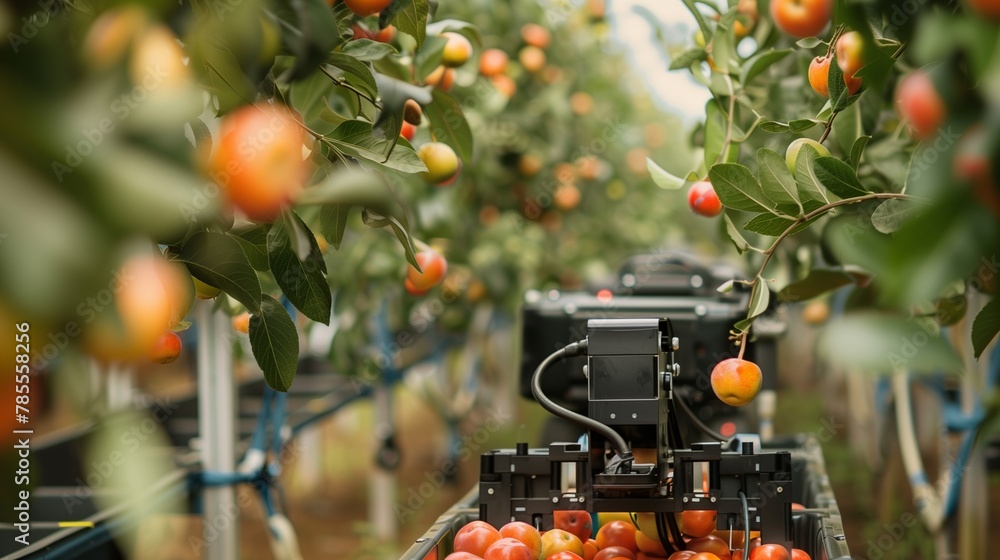 Poster an advanced robotic arm equipped with sensors and ai technology selectively picking ripe fruit from 