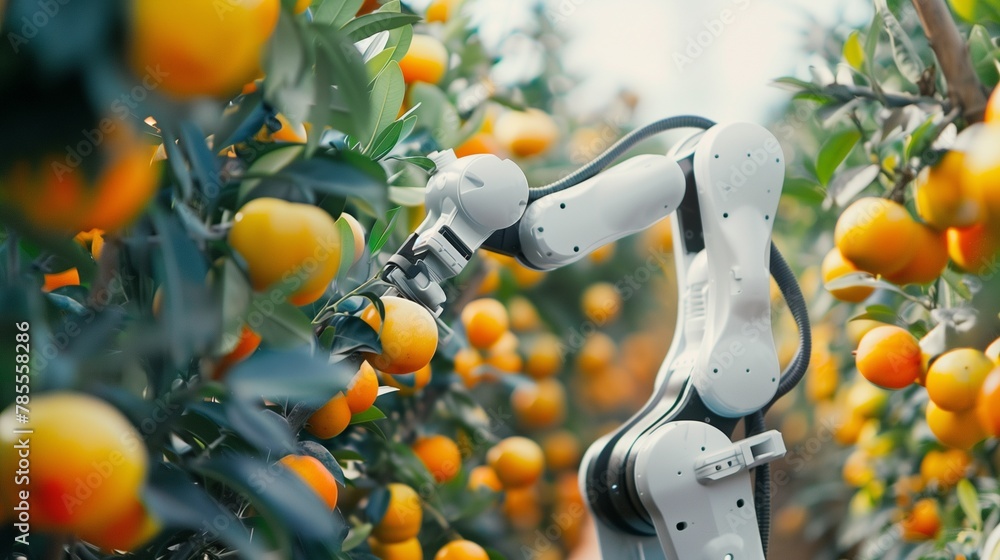 Poster an advanced robotic arm equipped with sensors and ai technology selectively picking ripe fruit from 